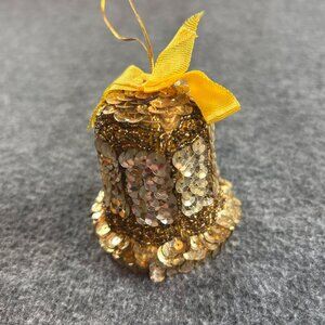 Sequin Christmas Bell Ornament Vintage Holiday Decor 3" Tall Gold Hard Plastic